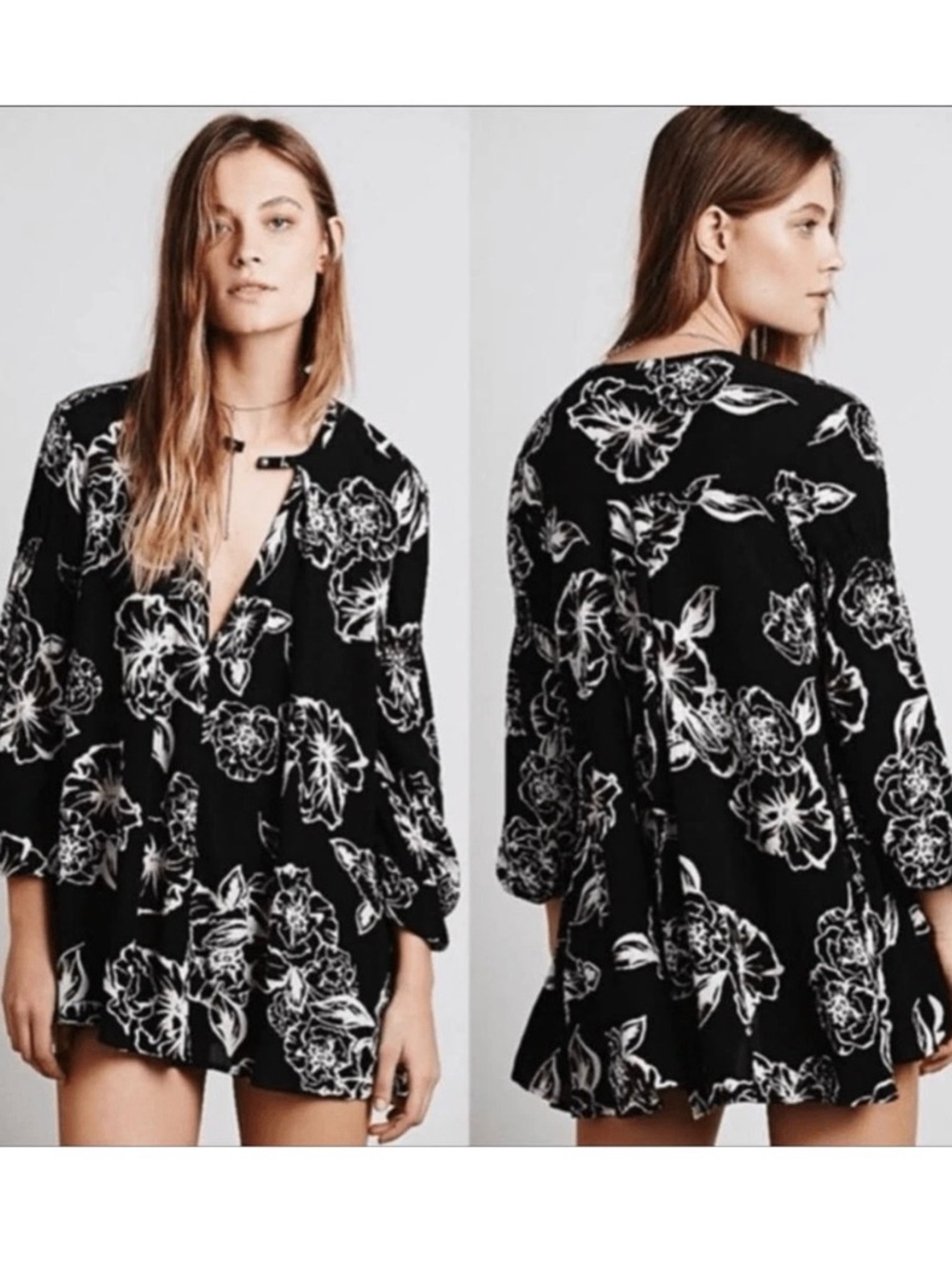 Free People Black Tunic with White Floral Print